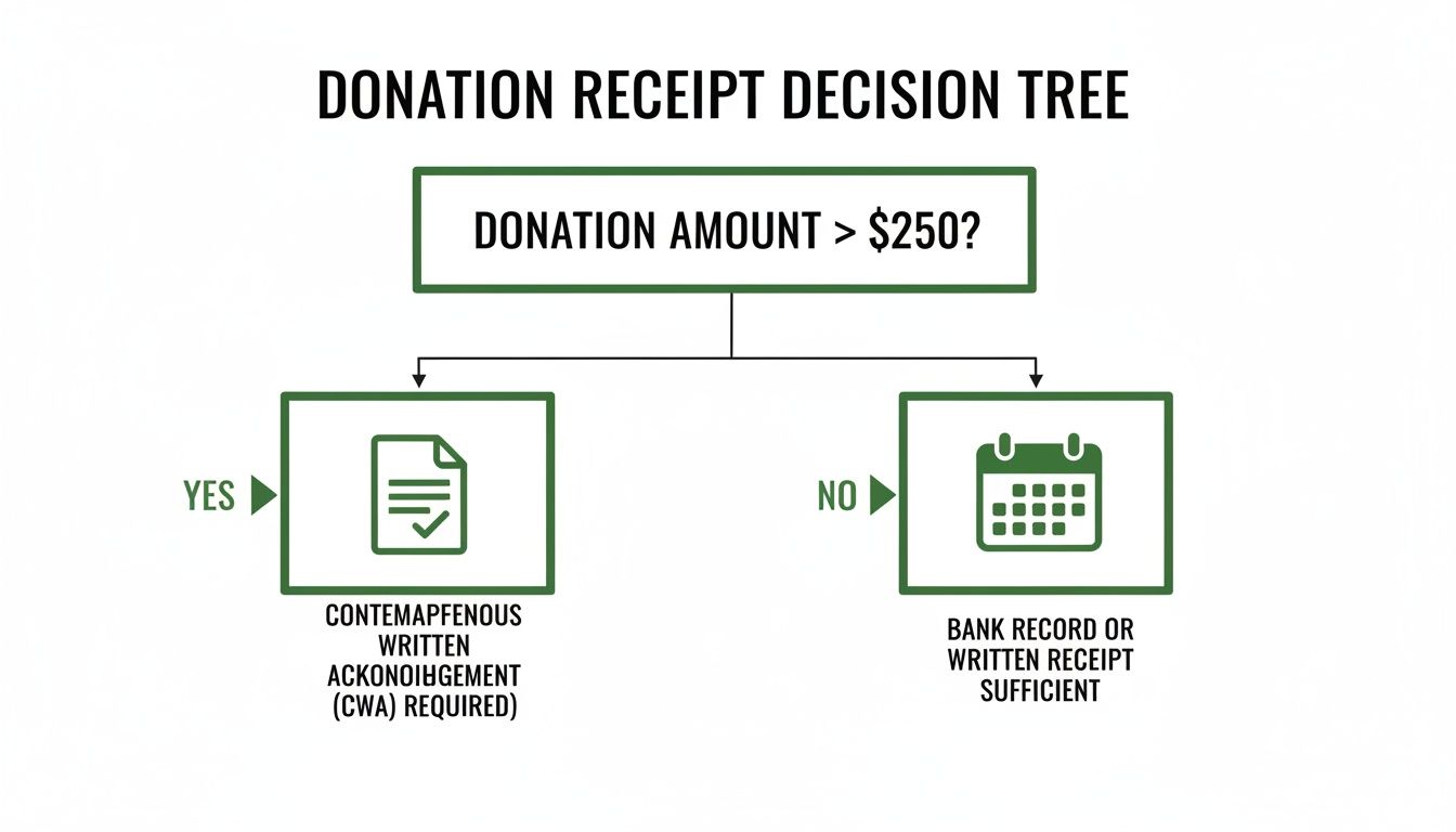 Decision tree illustrating donation receipt requirements for tax deductions based on the amount donated.