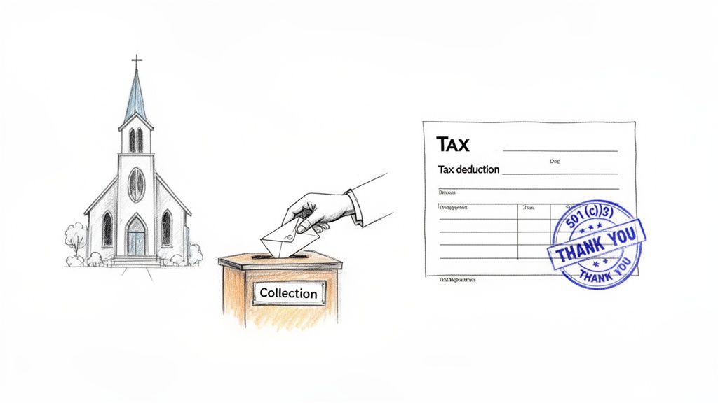 An illustration depicting a church, a hand making a donation, and a tax deduction form with a 501(c)(3) stamp.