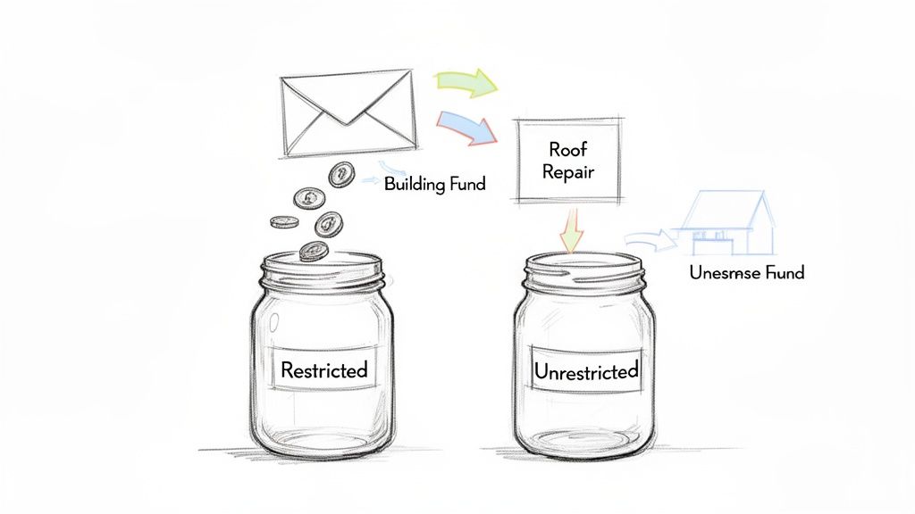 Illustration demonstrating restricted and unrestricted funds, with money flowing into two separate jars for different purposes.