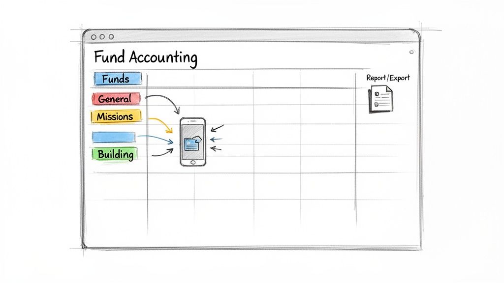A digital sketch of fund accounting software showing various fund categories, mobile integration, and reporting.