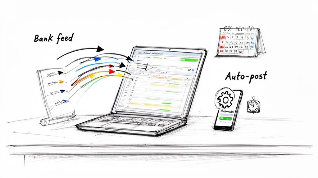 Illustrated diagram of bank feed processing into a laptop and automated journal entries on a phone.