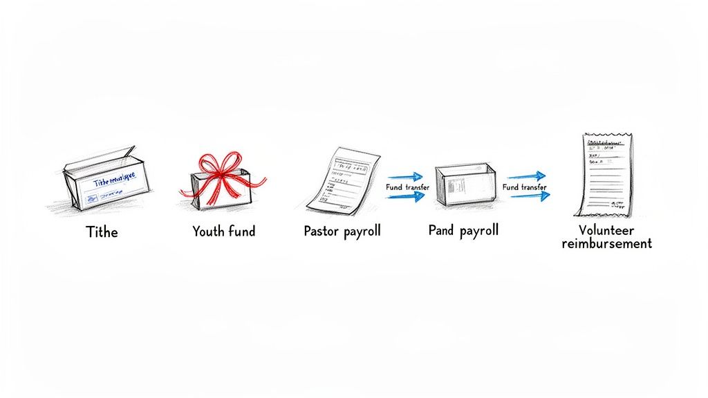 A diagram illustrating financial concepts: Tithe, Youth fund, Pastor payroll, fund transfers, Pand payroll, and volunteer reimbursement.