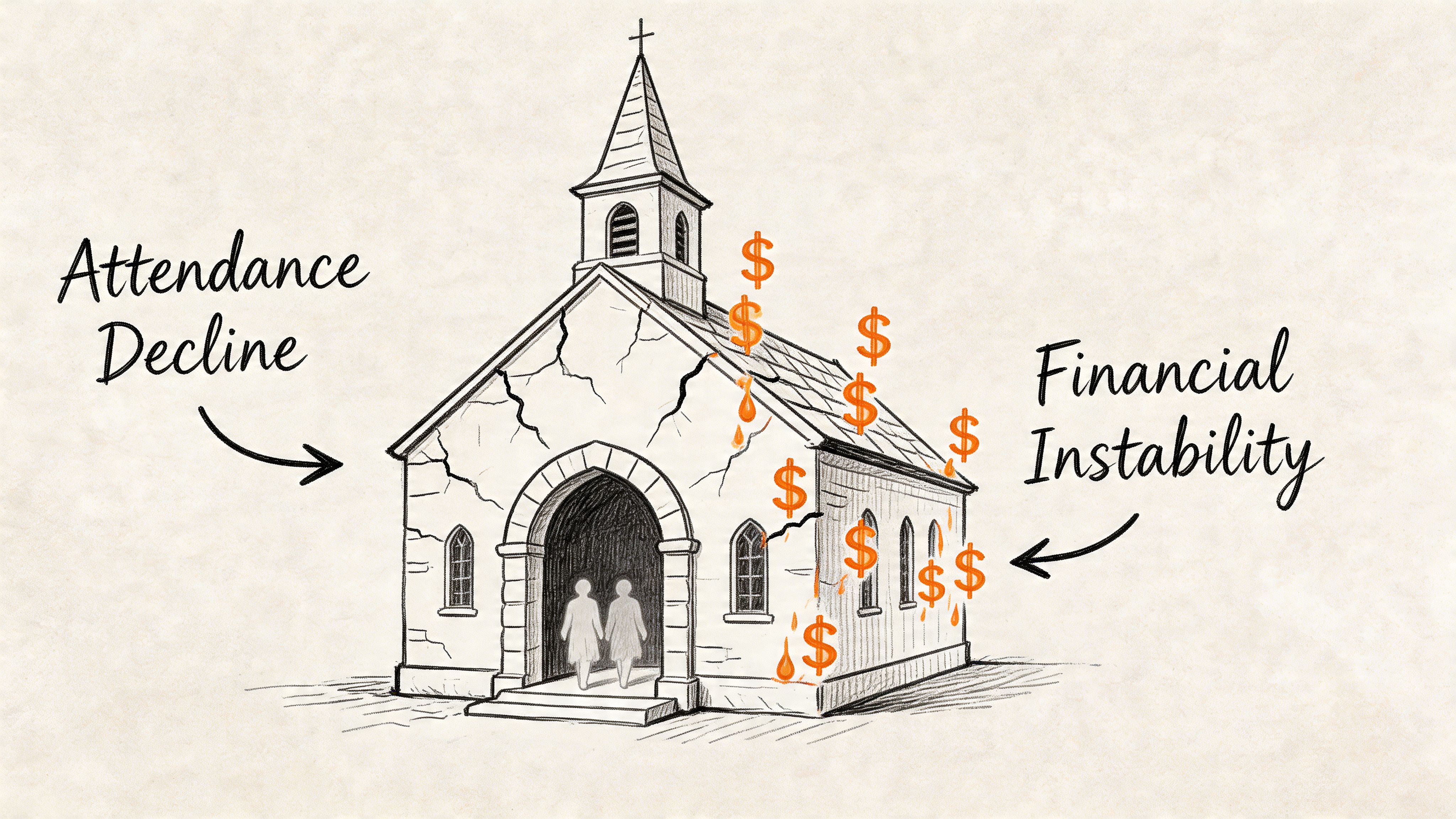 A pencil sketch of a crumbling church illustrating concepts of declining attendance and financial instability challenges.