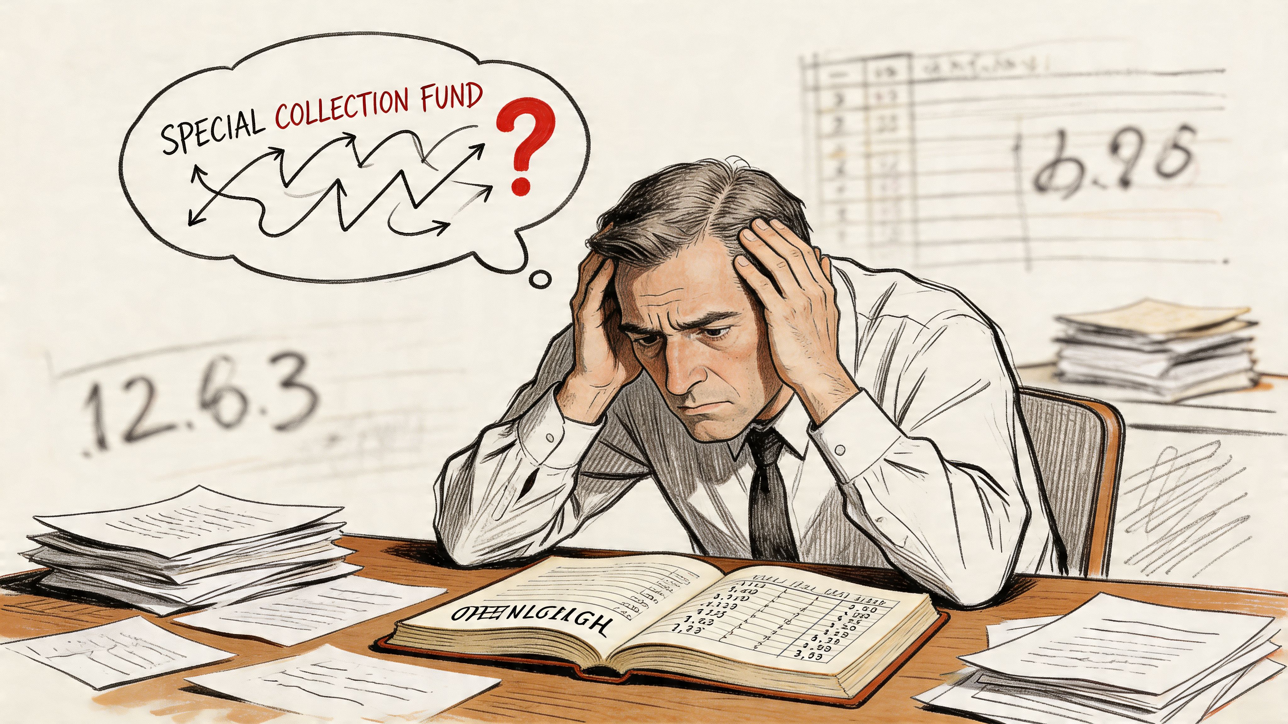 A distressed businessman analyzing complex financial documents related to a special collection fund at his desk.