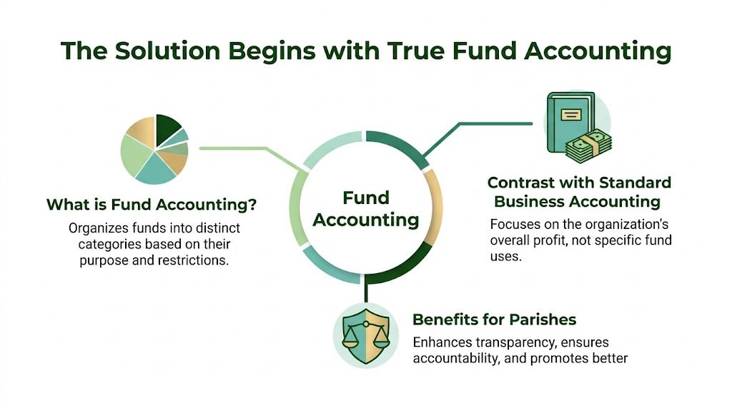 A diagram explaining fund accounting for parishes, highlighting its importance for financial transparency and accountability in churches.