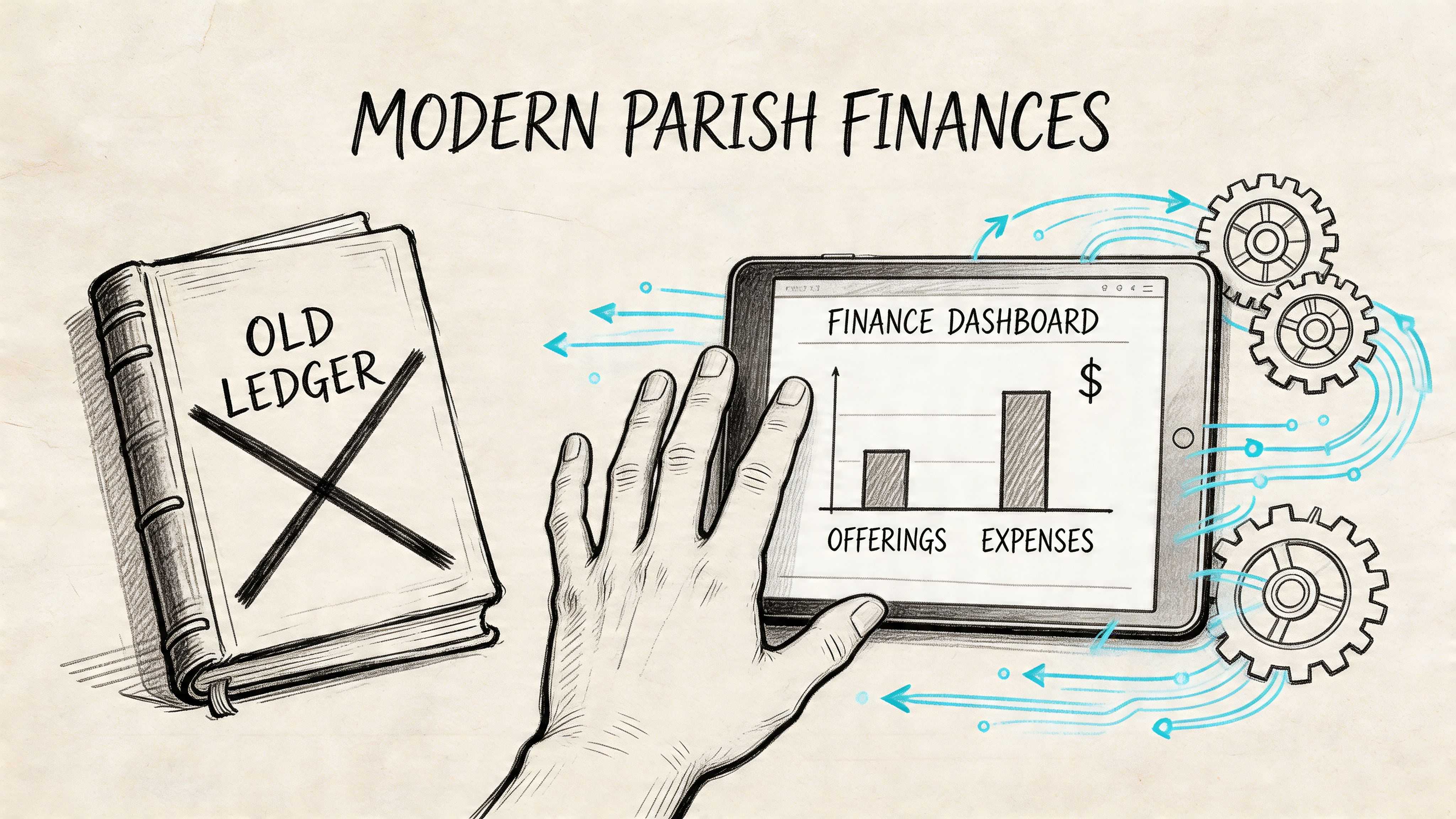 A digital illustration showing the transition from an old physical ledger to a modern digital finance dashboard.