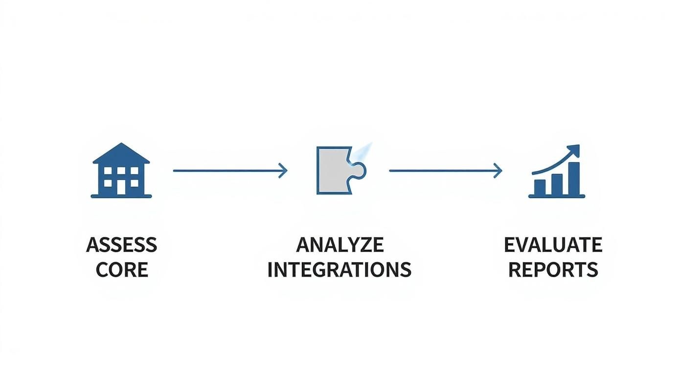 An infographic outlining the process for evaluating church accounting software, showing steps for assessing the core system, analyzing integrations, and evaluating reports.