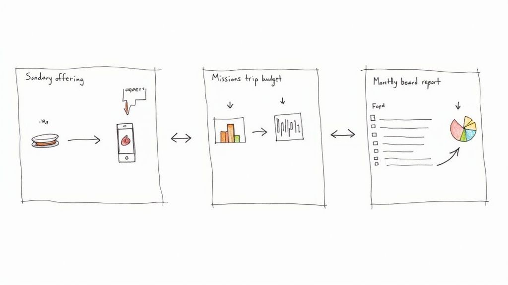 A person using a laptop to manage church finances, with charts and numbers visible on the screen.