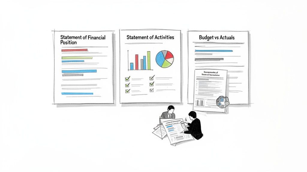 Illustration of financial reports including statements of position, activities, and budget vs actuals, with two people reviewing documents.