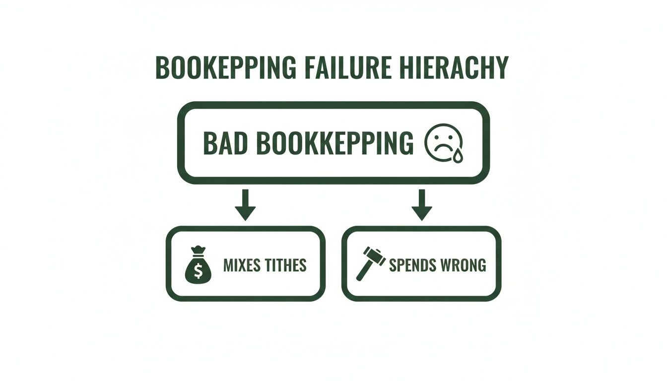 A diagram illustrating the bookkeeping failure hierarchy, showing bad bookkeeping leading to mixing tithes or spending wrong.