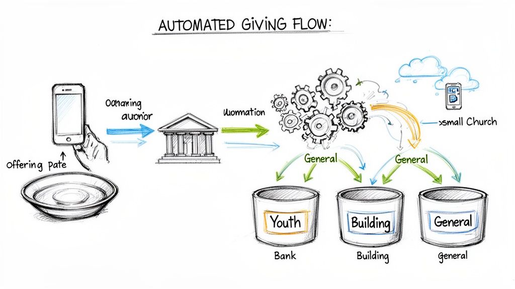 Diagram illustrating an automated giving flow for a small church, from mobile donation to fund distribution.