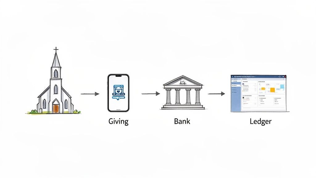 A diagram illustrating the flow of church giving from a mobile app to a bank and a digital ledger.