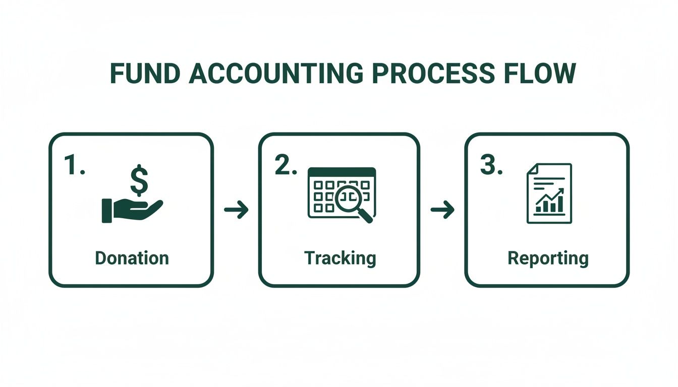 A visual flow chart illustrating the three steps of fund accounting: Donation, Tracking, and Reporting.