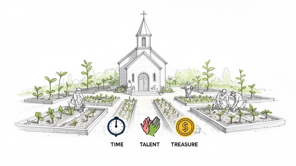 A church surrounded by gardens with people tending plants, featuring icons for time, talent, and treasure.