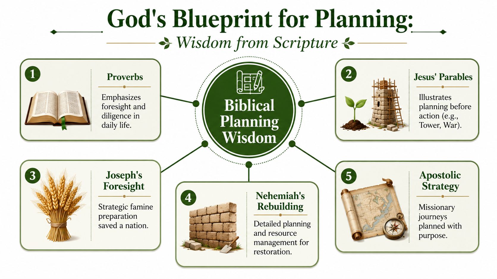 A diagram illustrating God's blueprint for planning, highlighting biblical examples like Proverbs, Joseph, and Nehemiah.