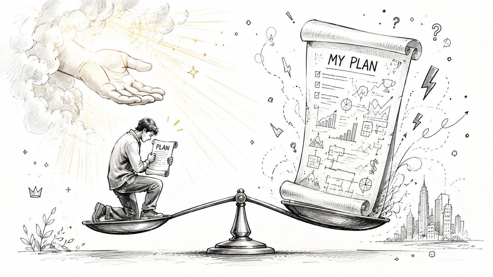 A person kneeling on a scale holding a small plan while a large plan outweighs them.