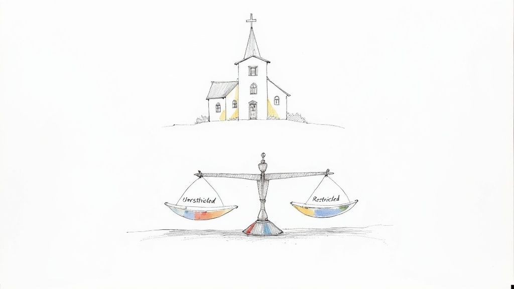 A drawing of a church above a balanced scale with 'Unrestricted' and 'Restricted' funds.