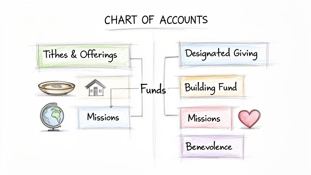 A diagram titled 'Chart of Accounts' illustrating church funds for tithes, offerings, missions, and benevolence.