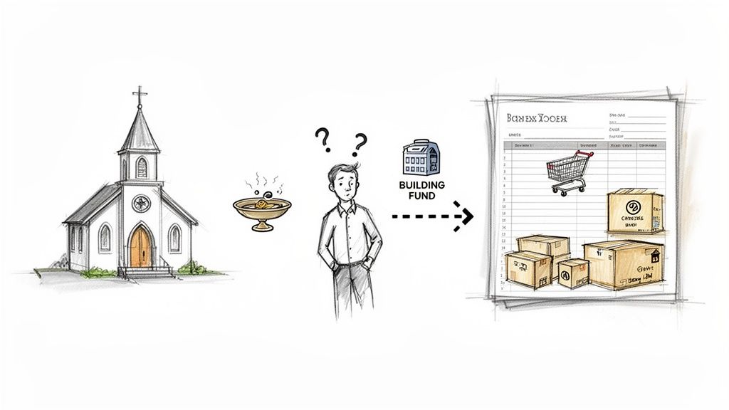An illustration depicts a man deciding how church funds from offerings or a building fund should be spent on supplies.