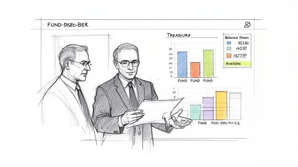 Two businessmen analyze financial charts and a balance sheet on a digital display.