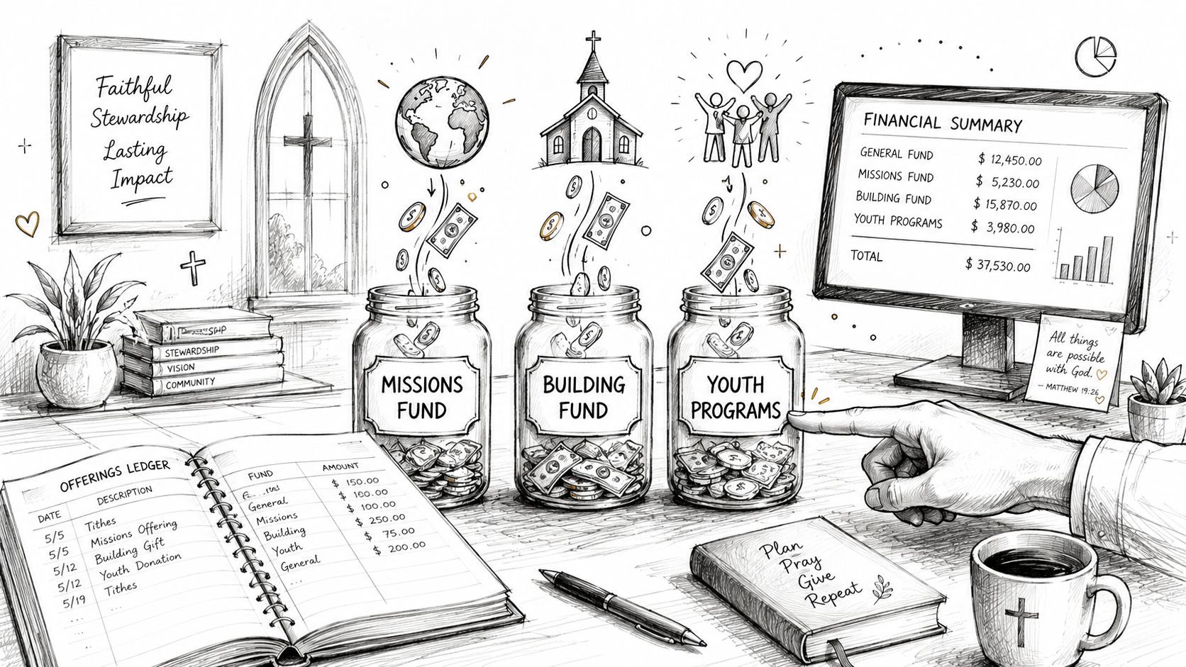 A hand points to a youth programs jar alongside church financial ledgers, jars, and summary computer screens.