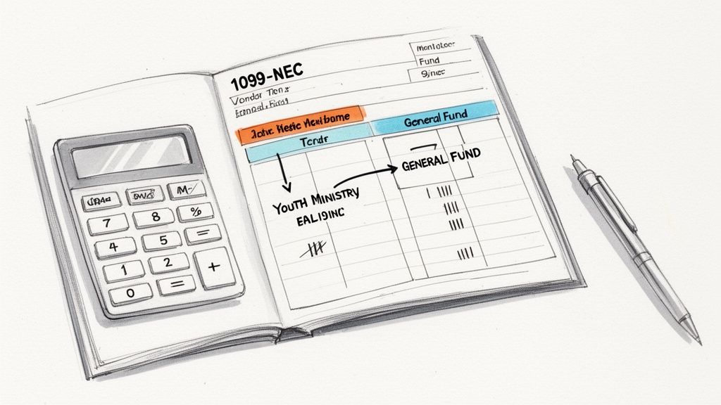 A drawing of an open accounting ledger with a 1099-NEC form, calculator, and pen.