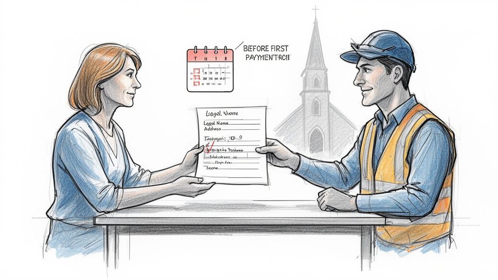 A worker in a hard hat hands a tax form, including Taxpayer ID-9, to a woman.