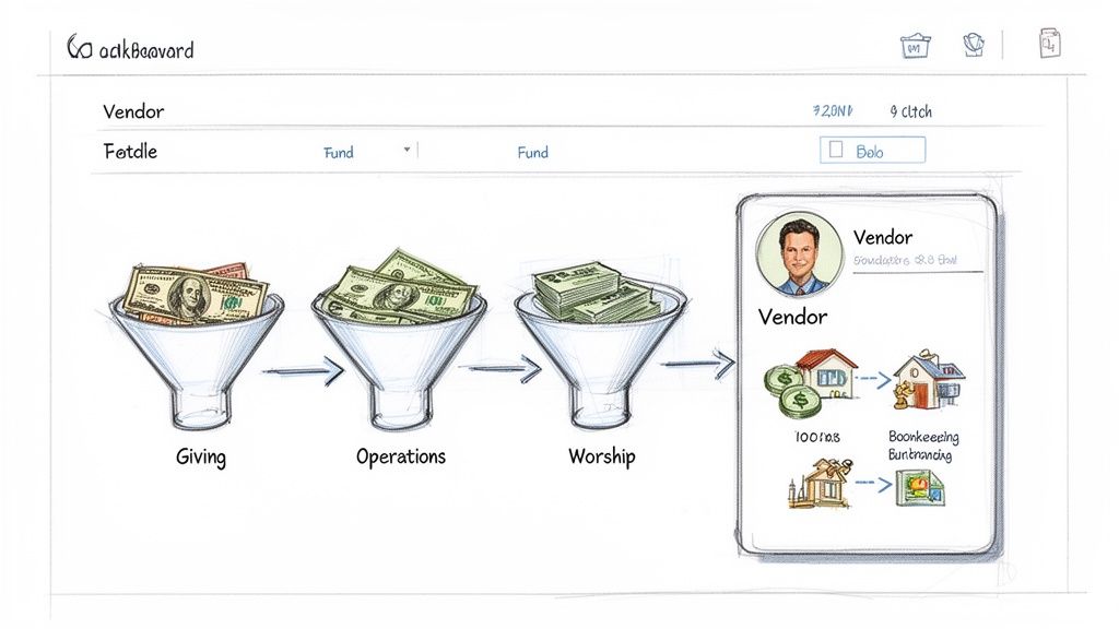 Conceptual diagram illustrating financial flow from giving through operations to vendor services.