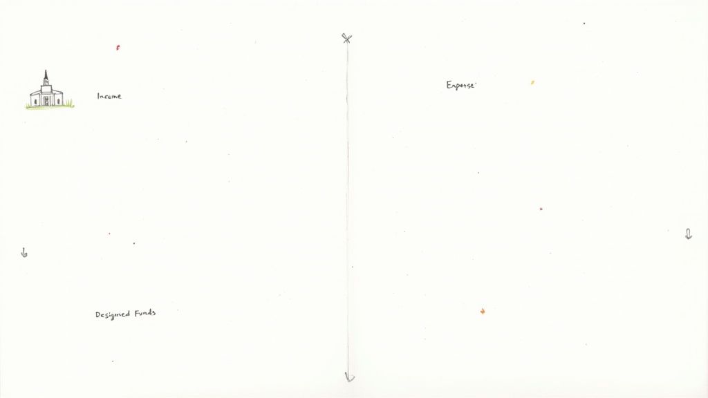 Church volunteers reviewing financial documents at a table.