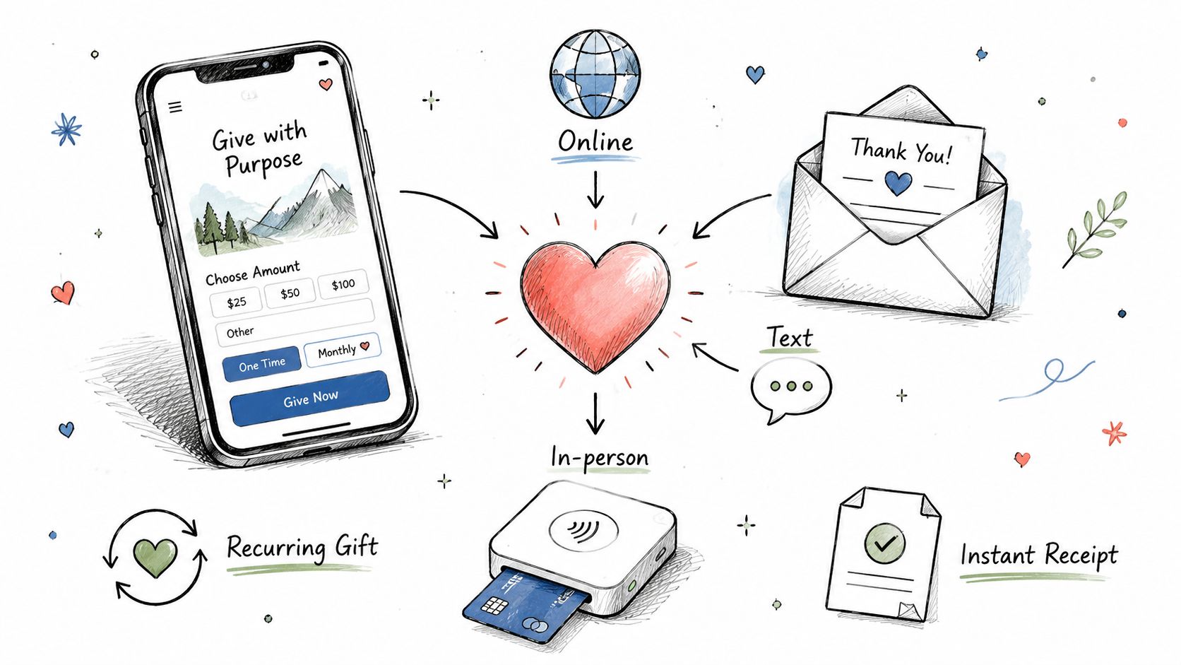 A hand-drawn illustration showing different methods for digital giving, including mobile apps, online, text, and card payments.