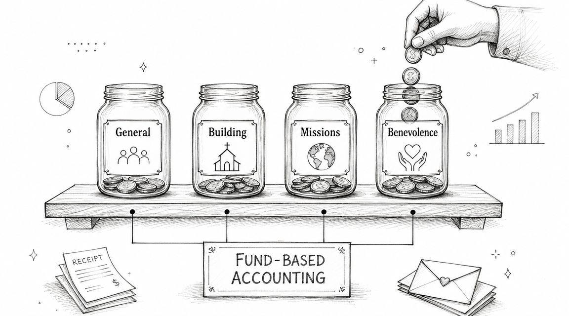 A line drawing illustration showing four glass jars labeled General, Building, Missions, and Benevolence with fund-based accounting.