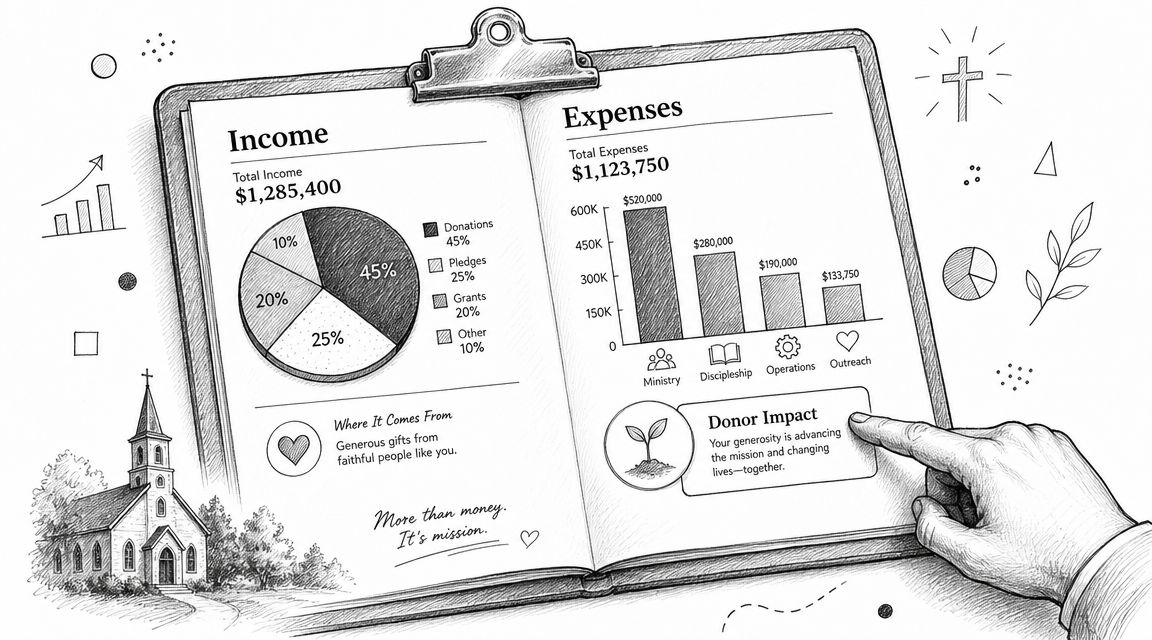 A hand points to a report on a clipboard detailing church income and expense financial charts.