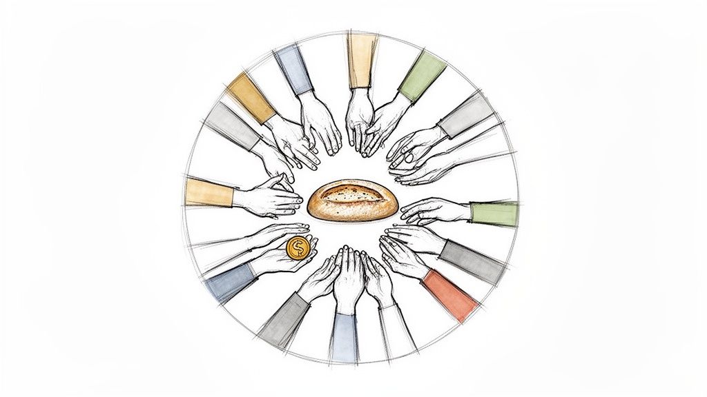 Many hands in a circle around a loaf of bread, one holding a dollar coin, symbolizing community.