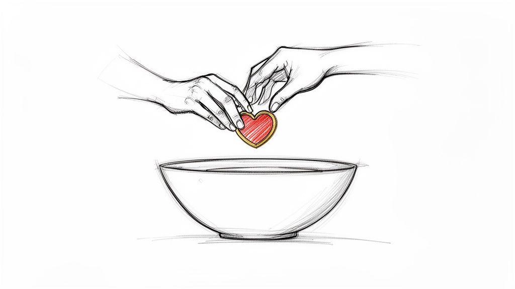 A sketch showing two hands carefully placing a red heart-shaped object into a bowl.