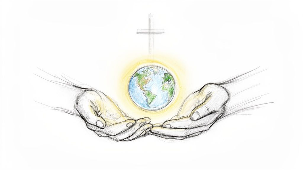 Sketch of cupped hands cradling a shining globe, with a cross symbol overhead.
