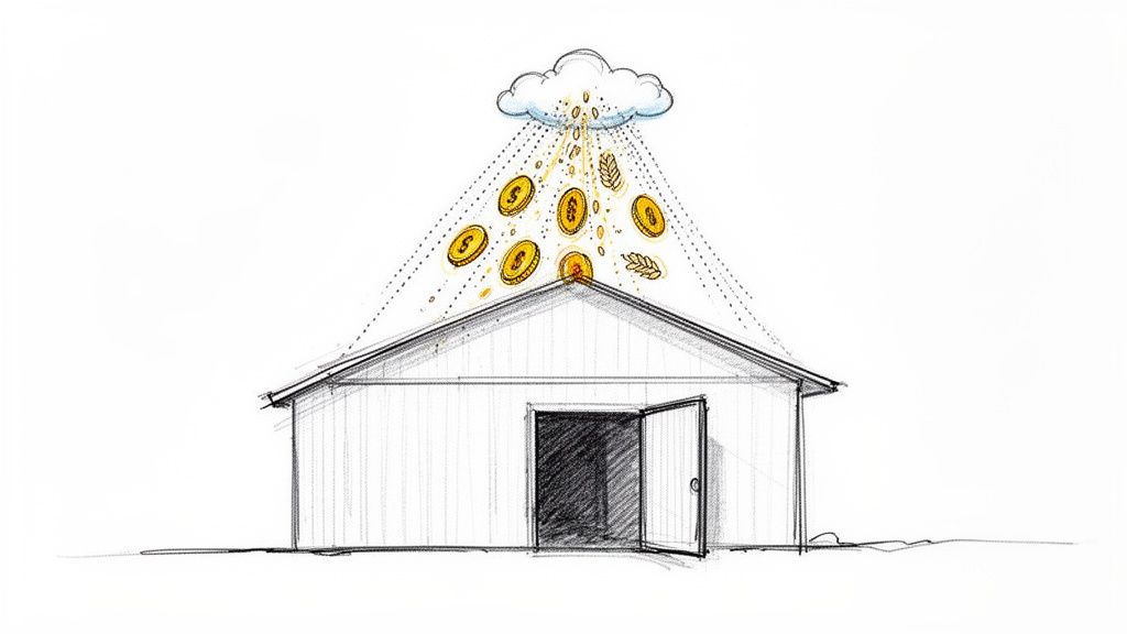 A barn-like building with an open door receives golden coins and wheat raining from a cloud.