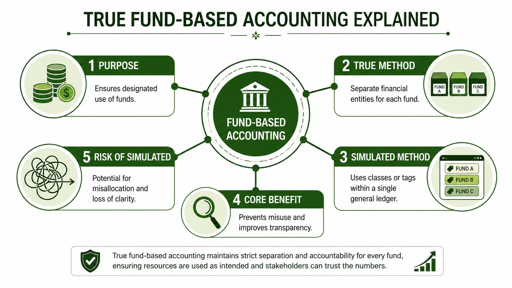 An infographic illustrating the core principles and benefits of true fund-based accounting compared to simulated methods.