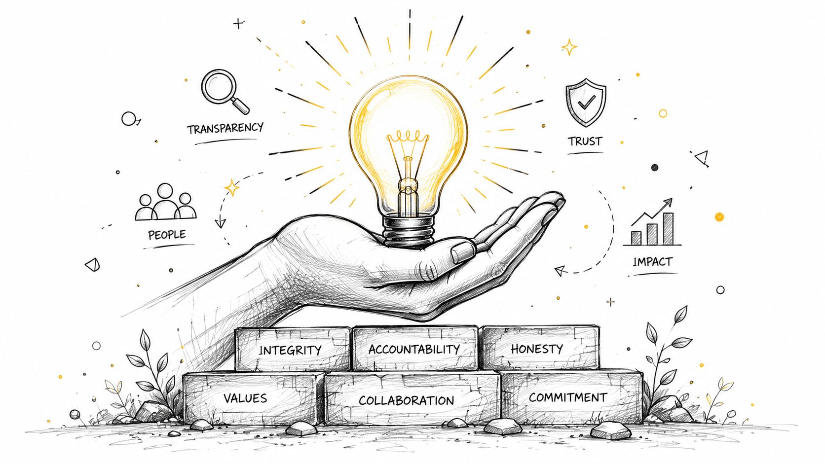 A hand holding a glowing lightbulb above brick foundations labeled with core business values and icons.