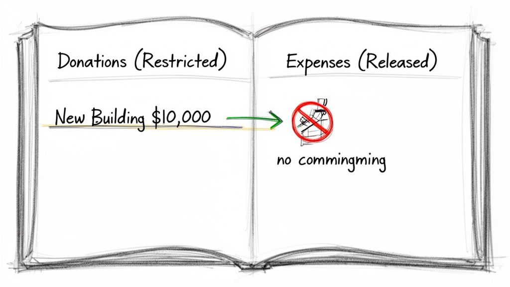 Book illustrates restricted donations for a new building, emphasizing no commingling with expenses.