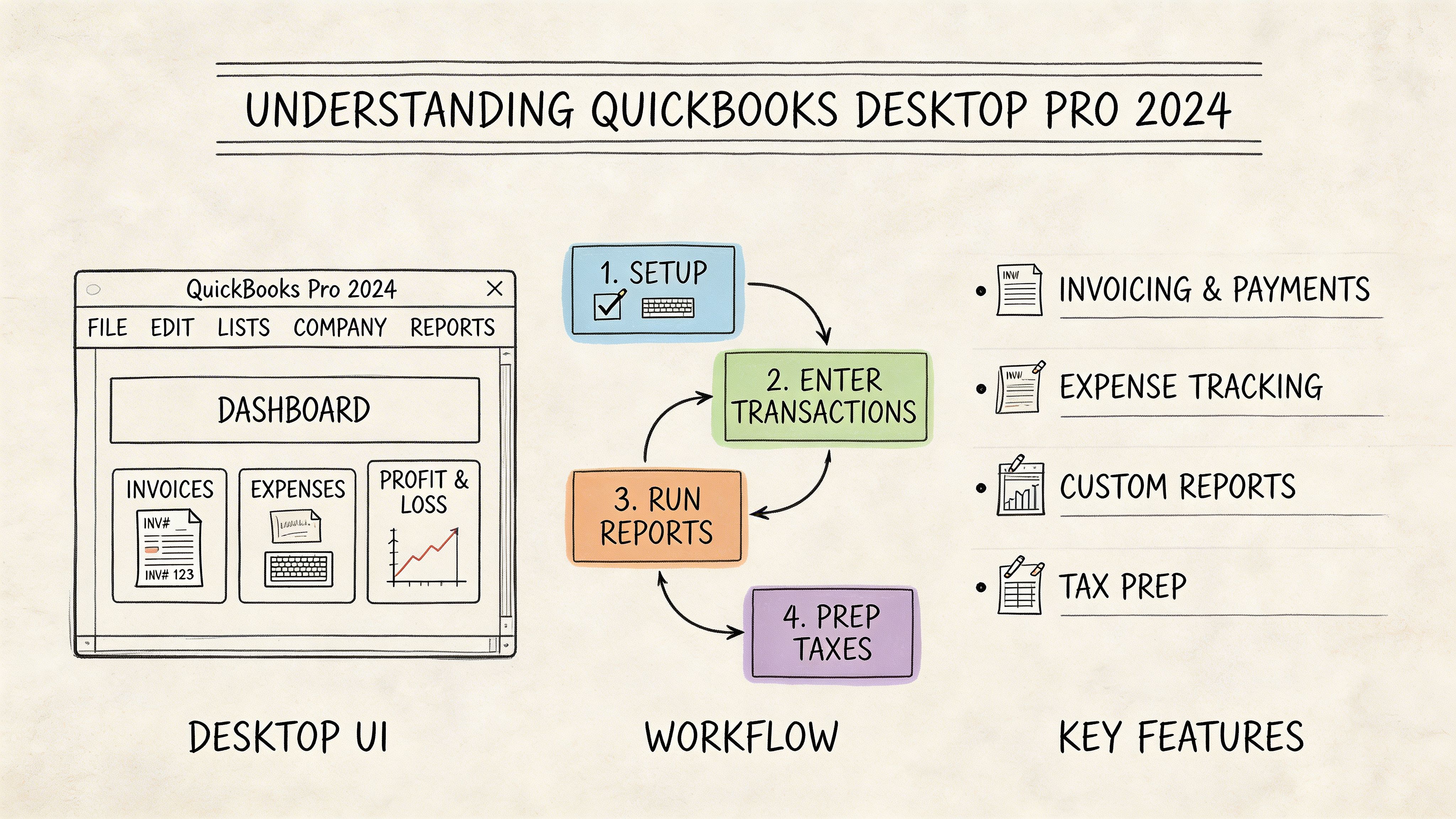 A hand-drawn educational diagram explaining the QuickBooks Desktop Pro 2024 interface, workflow steps, and key business features.