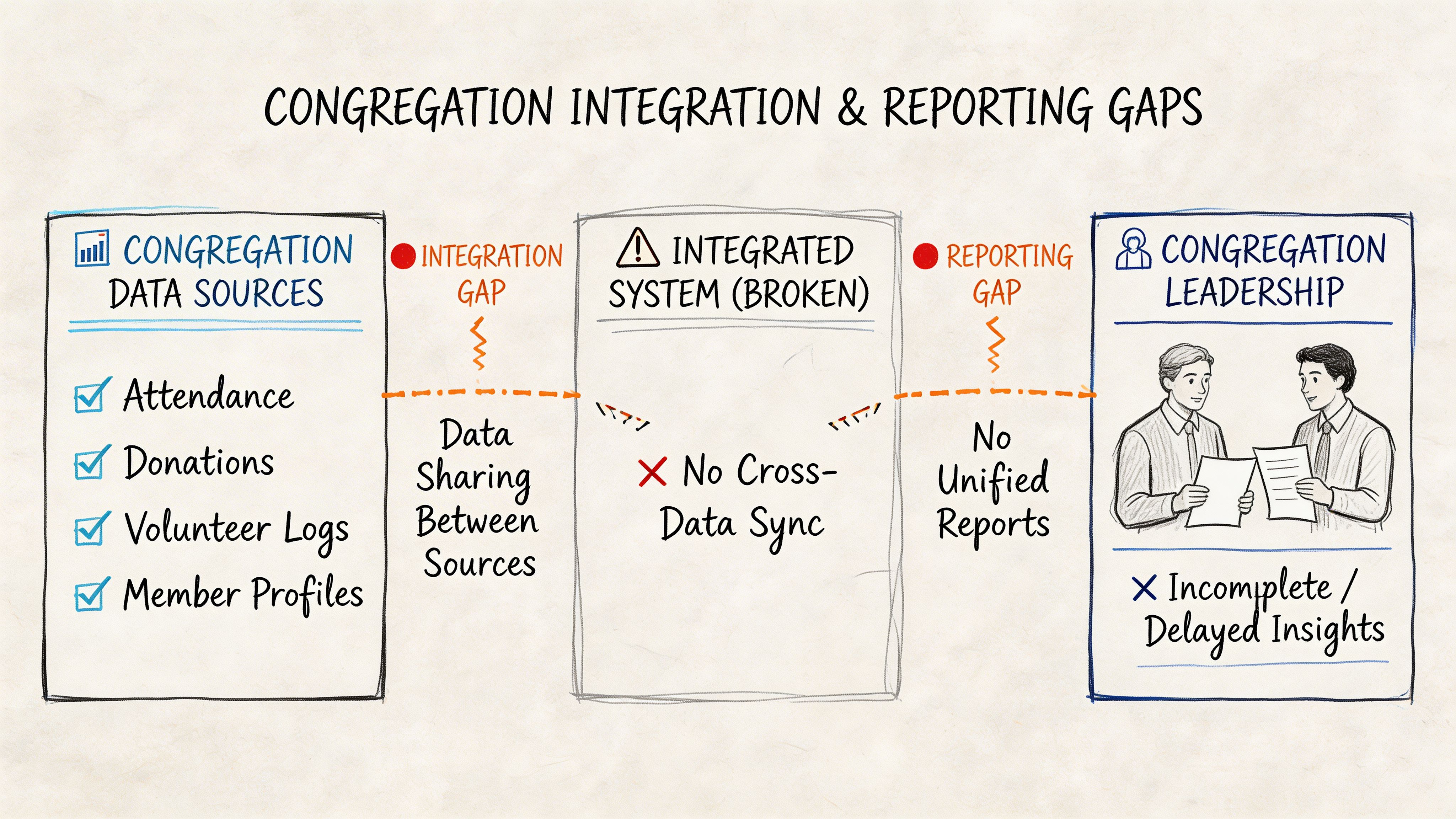 A diagram illustrating integration and reporting gaps between congregation data sources and organizational leadership decisions.