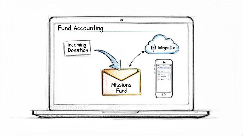 A sketch illustrating fund accounting on a laptop, showing incoming donations to a missions fund and integration.