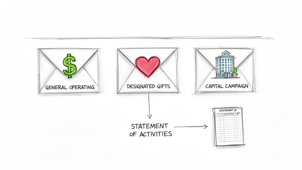 Three envelopes representing general operating, designated gifts, and capital campaigns, leading to a statement of activities.
