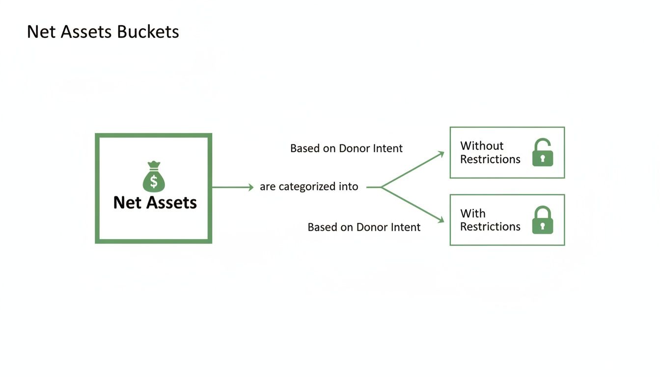 Flowchart illustrating how net assets are categorized into restricted and unrestricted buckets based on donor intent.