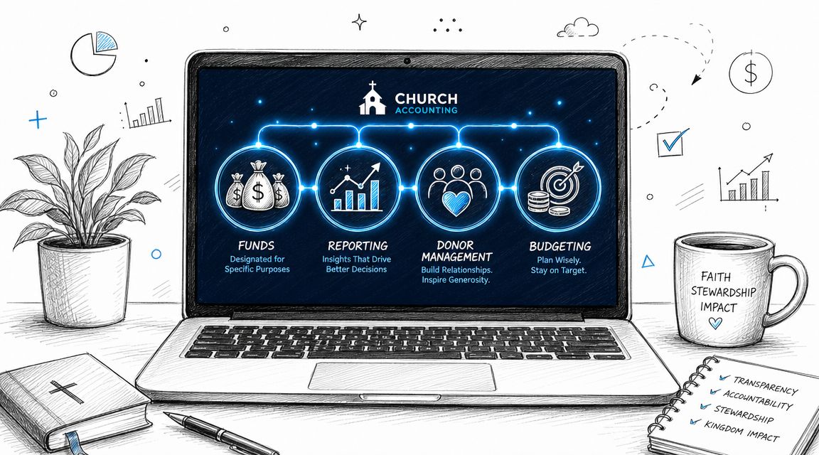 A laptop on a desk displaying church accounting software features including funds, reporting, donor management, and budgeting.