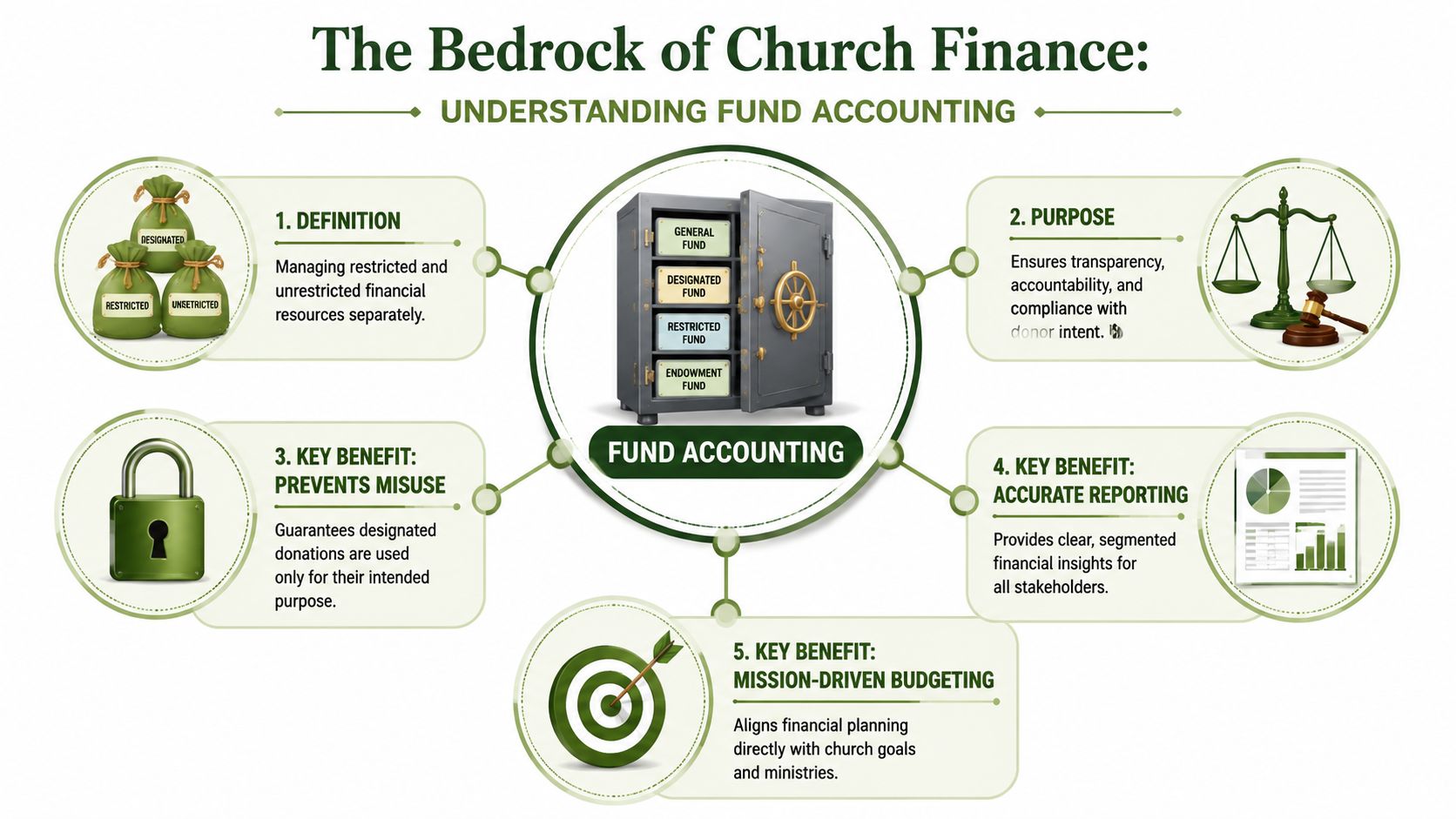 An infographic titled The Bedrock of Church Finance, explaining the five key principles of church fund accounting.