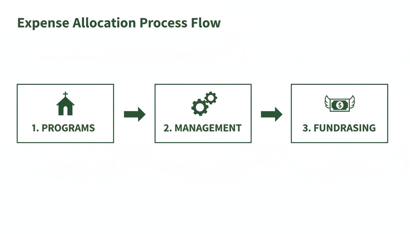 Process flow diagram illustrating expense allocation across programs, management, and fundraising activities.
