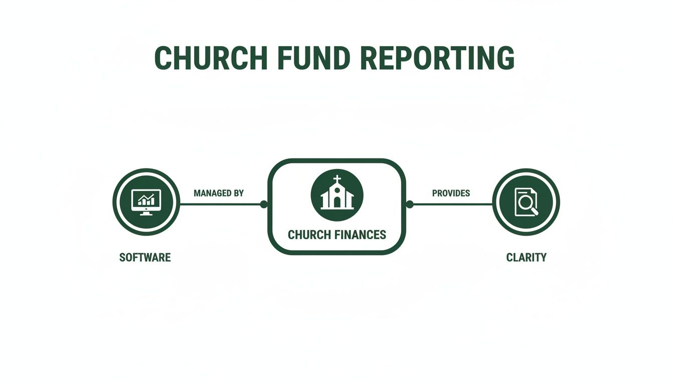 A diagram illustrates church fund reporting, showing software managing church finances to provide clarity.