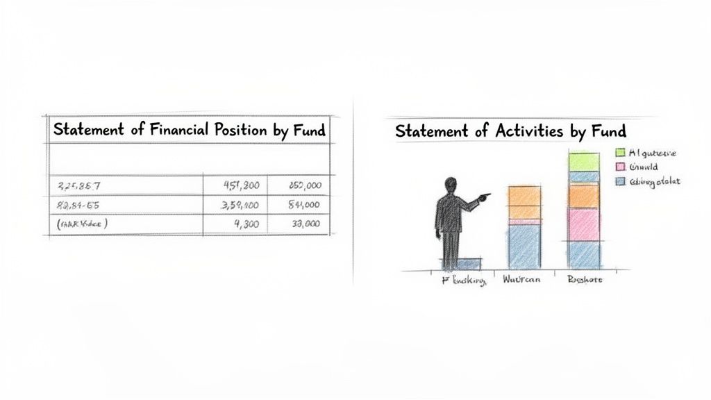 Hand-drawn financial statements showing a table of fund positions and a stacked bar chart of fund activities.