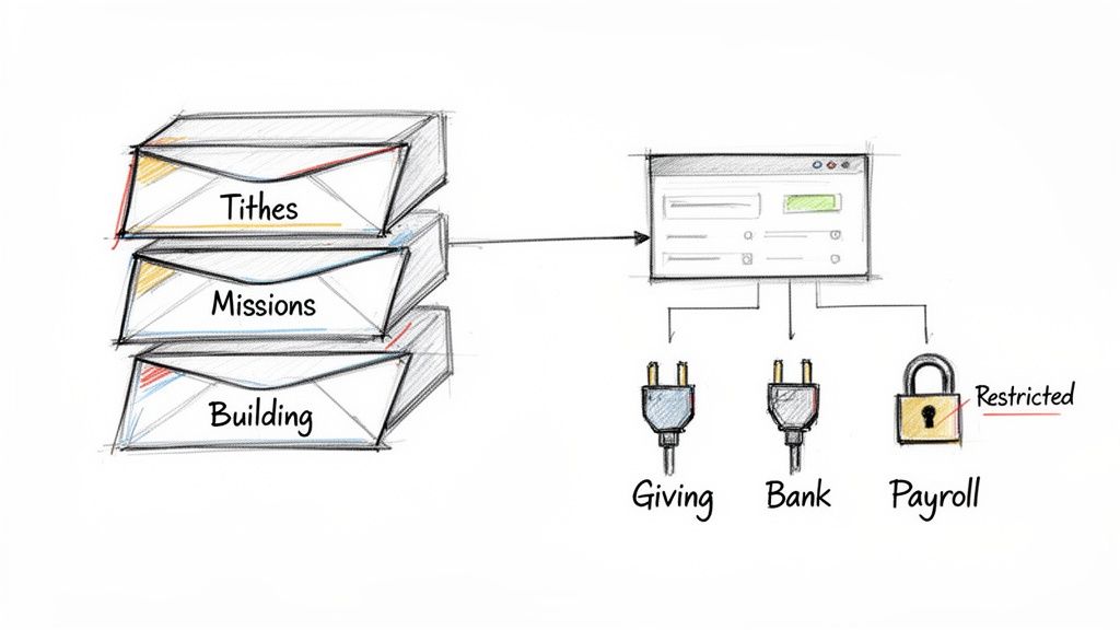 A diagram showing funds (Tithes, Missions, Building) processed by software connecting to Giving, Bank, and Restricted Payroll.